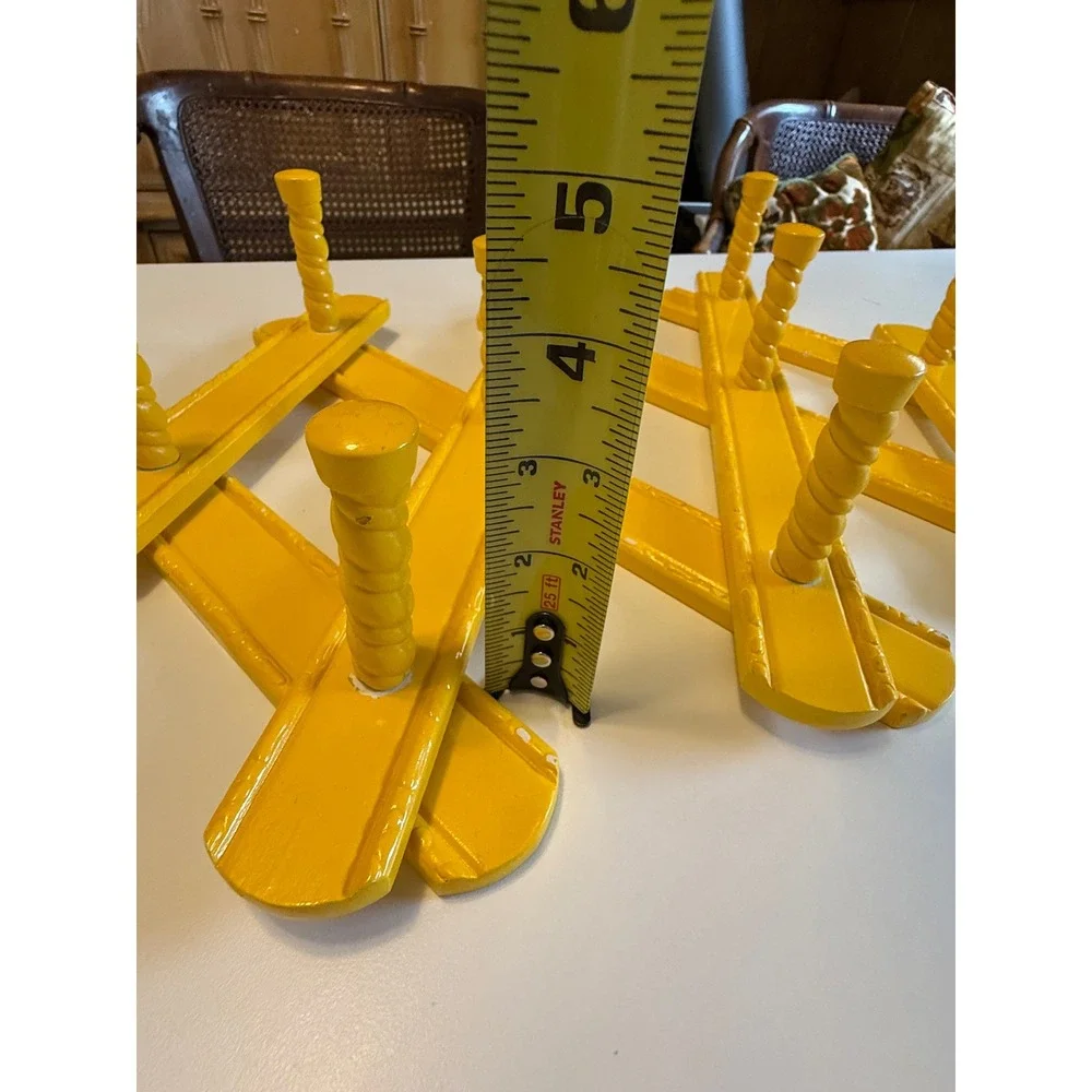 Vintage Yellow Accordion Wall Rack Expandable Wood 10 Peg Coat Hat Hangar
